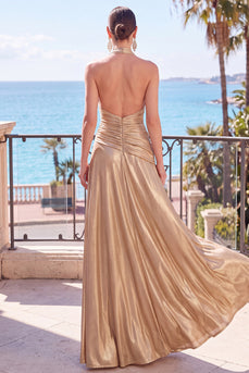 Champagner Metallisches A-Linie Satinhalter Gerafftes Langes Festkleid