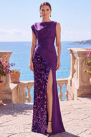 Laden Sie das Bild in den Galerie-Viewer, Schwarze Pailletten Asymmetrisches Gerafftes Meerjungfrauen Festkleid mit Schlitz