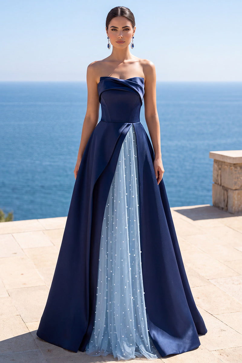Laden Sie das Bild in den Galerie-Viewer, Marineblaues Trägerloses Korsett Permutt A-Linie Langes Festkleid