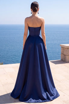 Marineblaues Trägerloses Korsett Permutt A-Linie Langes Festkleid