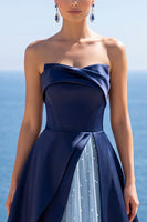 Laden Sie das Bild in den Galerie-Viewer, Marineblaues Trägerloses Korsett Permutt A-Linie Langes Festkleid