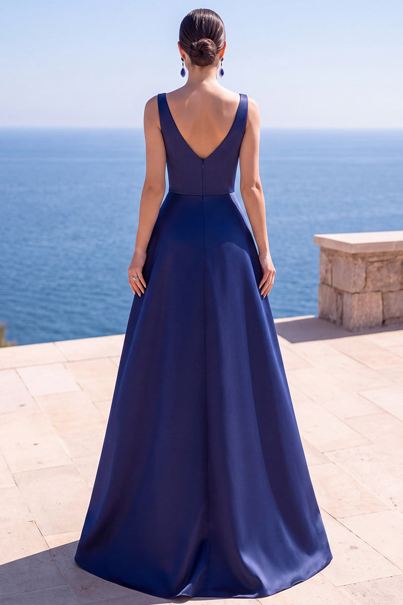 Laden Sie das Bild in den Galerie-Viewer, Rosa A-Linie Perlen Gerafftes Langes Festkleid mit Schlitz