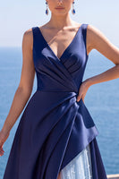Laden Sie das Bild in den Galerie-Viewer, Rosa A-Linie Perlen Gerafftes Langes Festkleid mit Schlitz