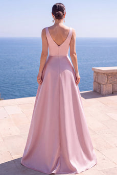 Rosa A-Linie Perlen Gerafftes Langes Festkleid mit Schlitz