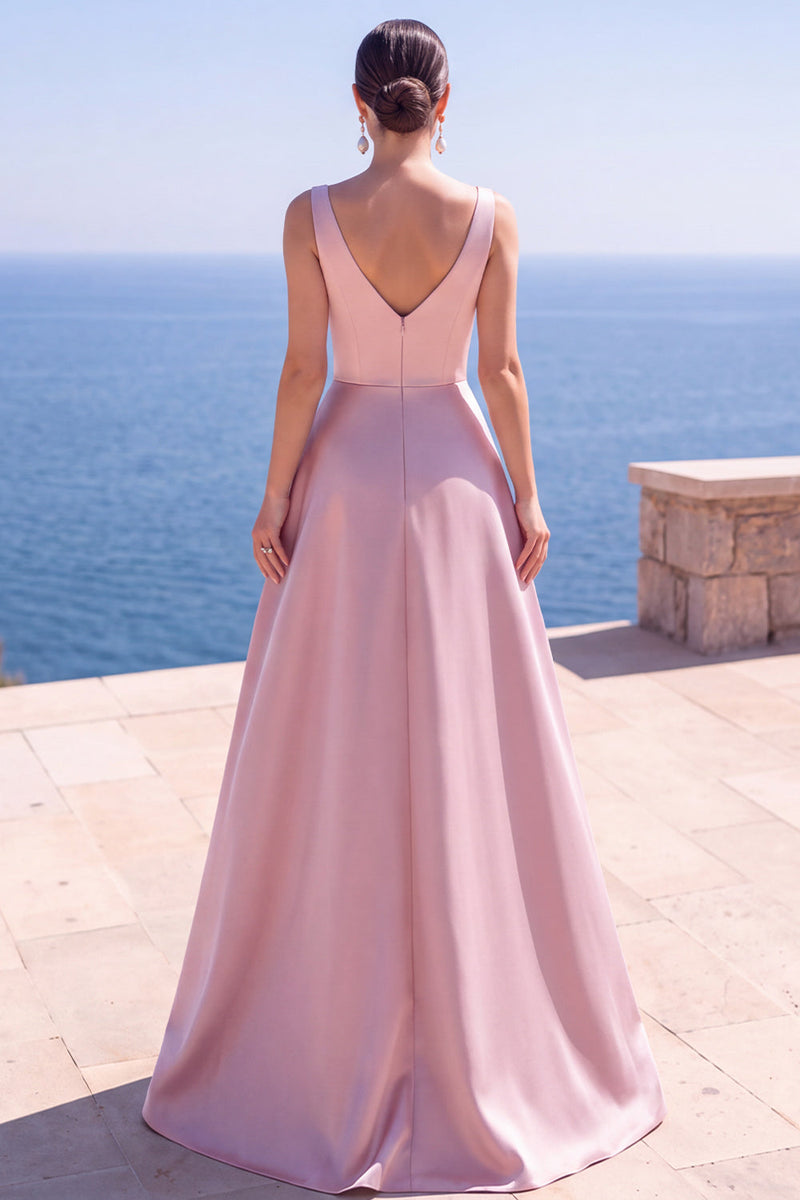 Laden Sie das Bild in den Galerie-Viewer, Rosa A-Linie Perlen Gerafftes Langes Festkleid mit Schlitz
