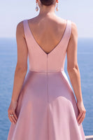 Laden Sie das Bild in den Galerie-Viewer, Rosa A-Linie Perlen Gerafftes Langes Festkleid mit Schlitz