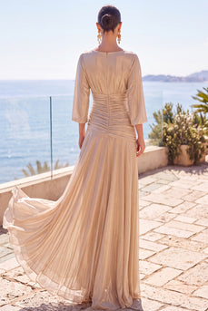 Champagner Gerafftes A-Linie Halbärmel Langes Abendkleid