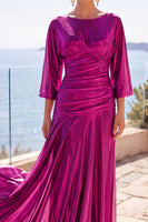 Laden Sie das Bild in den Galerie-Viewer, Champagner Gerafftes A-Linie Halbärmel Langes Abendkleid