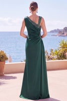 Laden Sie das Bild in den Galerie-Viewer, Dunkelgrünes Perlenbesetztes Asymmetrisches Meerjungfrauen Abendkleid