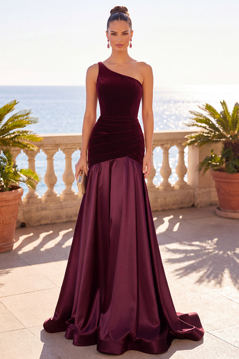 Laden Sie das Bild in den Galerie-Viewer, Burgunderrotes einschulterfarbenes Meerjungfrauen-Maxikleid mit Faltenfalten