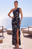 Laden Sie das Bild in den Galerie-Viewer, Blaues Einschulteriges Geblommiges Gerafftes Scheiden Langes Formelle Kleid mit Schlitz