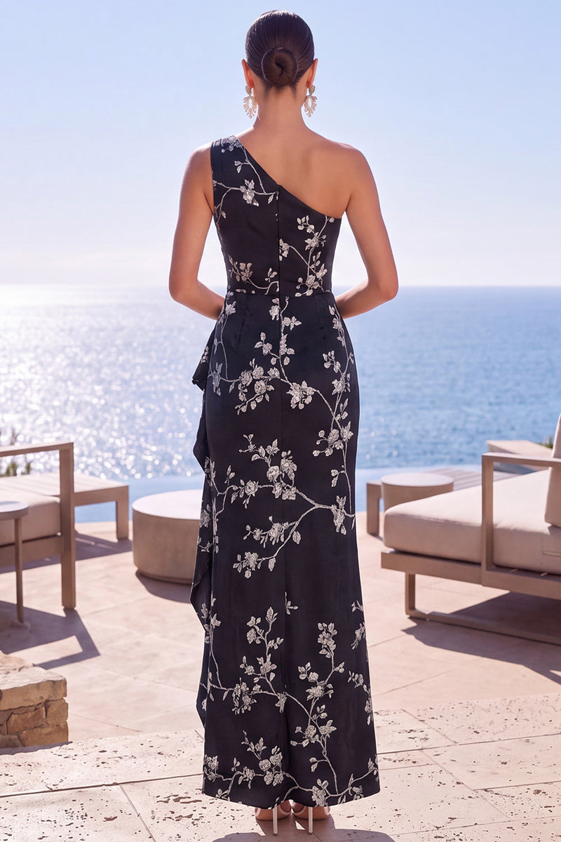 Laden Sie das Bild in den Galerie-Viewer, Blaues Einschulteriges Geblommiges Gerafftes Scheiden Langes Formelle Kleid mit Schlitz