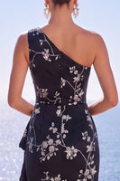 Laden Sie das Bild in den Galerie-Viewer, Blaues Einschulteriges Geblommiges Gerafftes Scheiden Langes Formelle Kleid mit Schlitz