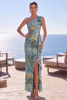 Laden Sie das Bild in den Galerie-Viewer, Blaues Einschulteriges Geblommiges Gerafftes Scheiden Langes Formelle Kleid mit Schlitz