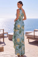 Laden Sie das Bild in den Galerie-Viewer, Blaues Einschulteriges Geblommiges Gerafftes Scheiden Langes Formelle Kleid mit Schlitz