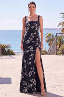Laden Sie das Bild in den Galerie-Viewer, Blaue Scheide Blumen Jacquard Quadrathals Langes Festkleid mit Schlitz