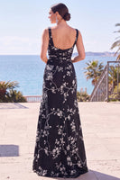 Laden Sie das Bild in den Galerie-Viewer, Blaue Scheide Blumen Jacquard Quadrathals Langes Festkleid mit Schlitz