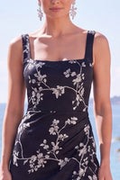 Laden Sie das Bild in den Galerie-Viewer, Blaue Scheide Blumen Jacquard Quadrathals Langes Festkleid mit Schlitz