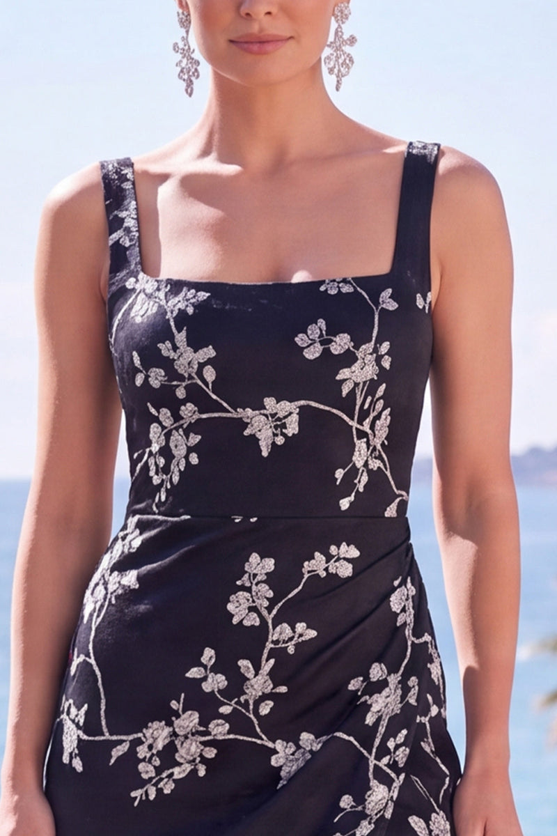 Laden Sie das Bild in den Galerie-Viewer, Blaue Scheide Blumen Jacquard Quadrathals Langes Festkleid mit Schlitz