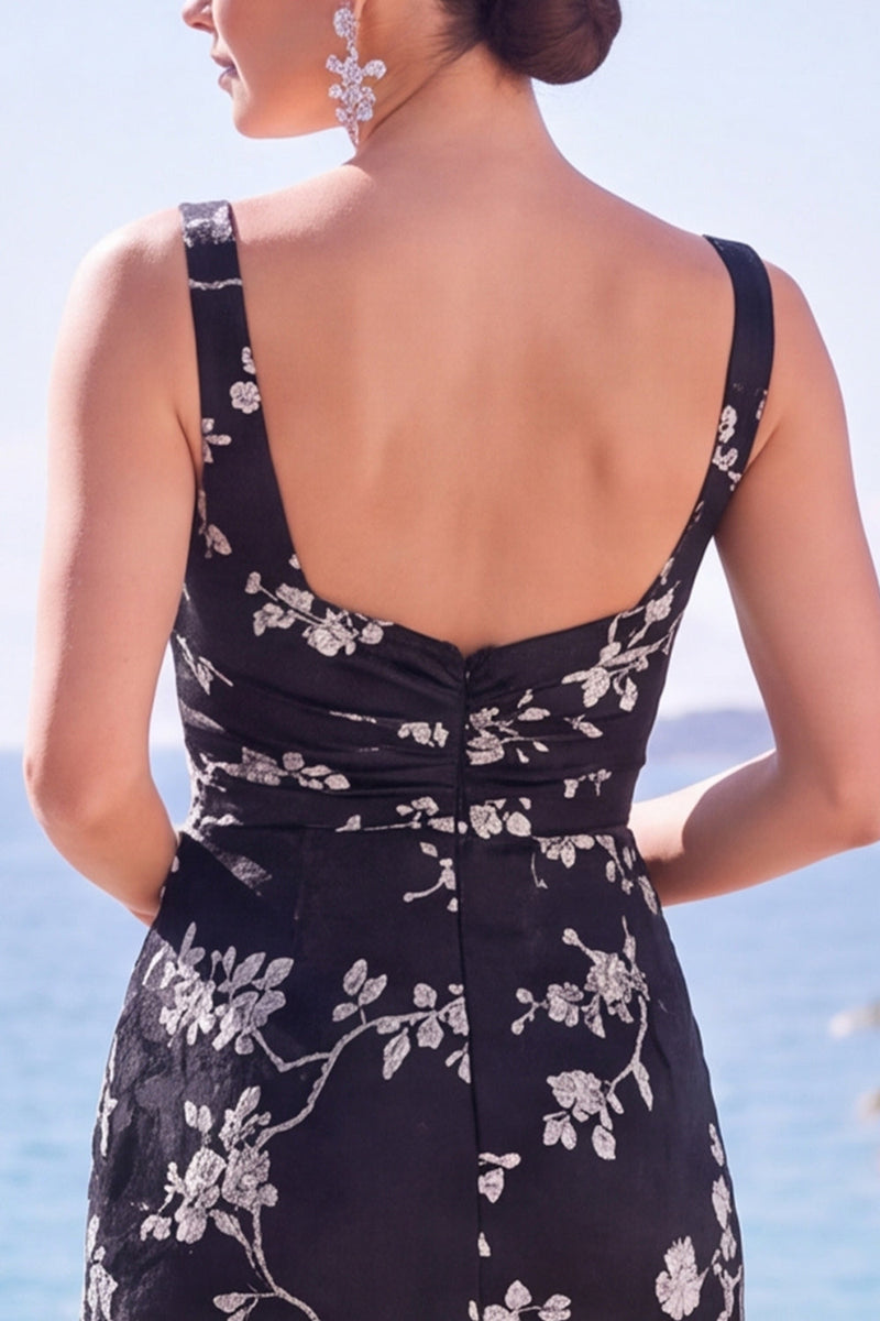 Laden Sie das Bild in den Galerie-Viewer, Blaue Scheide Blumen Jacquard Quadrathals Langes Festkleid mit Schlitz