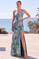 Laden Sie das Bild in den Galerie-Viewer, Blaue Scheide Blumen Jacquard Quadrathals Langes Festkleid mit Schlitz