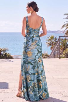 Blaue Scheide Blumen Jacquard Quadrathals Langes Festkleid mit Schlitz