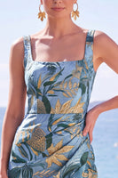 Laden Sie das Bild in den Galerie-Viewer, Blaue Scheide Blumen Jacquard Quadrathals Langes Festkleid mit Schlitz
