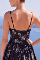 Laden Sie das Bild in den Galerie-Viewer, Blaues A-Linie Floral Jacquard Langes Abendkleid mit Schlitz