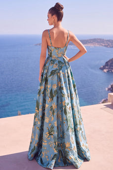 Blaues A-Linie Floral Jacquard Langes Abendkleid mit Schlitz