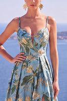 Laden Sie das Bild in den Galerie-Viewer, Blaues A-Linie Floral Jacquard Langes Abendkleid mit Schlitz