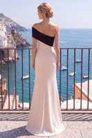 Laden Sie das Bild in den Galerie-Viewer, Schwarzer Champagner Asymmetrisches Meerjungfrauen Langes Festkleid mit Schlitz
