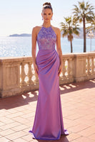 Laden Sie das Bild in den Galerie-Viewer, Neckholderhals Lila Satin Pailletten Blumen Stickerei Meerjungfrauen Langes Festlichen Kleid