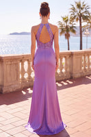 Laden Sie das Bild in den Galerie-Viewer, Neckholderhals Lila Satin Pailletten Blumen Stickerei Meerjungfrauen Langes Festlichen Kleid