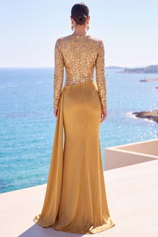 Goldenes Satin Langarm Pailletten Gerafftes Meerjungfrauen Langes Festkleid mit Schärpe