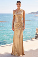 Laden Sie das Bild in den Galerie-Viewer, Metallisches Goldenes Einschulter Gerafftes Langes Meerjungfrauen Festkleid