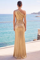 Laden Sie das Bild in den Galerie-Viewer, Metallisches Goldenes Einschulter Gerafftes Langes Meerjungfrauen Festkleid