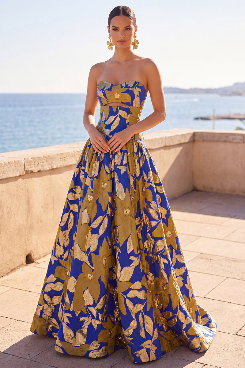 Laden Sie das Bild in den Galerie-Viewer, Blau-gelb-blumenbedrucktes A-Linien-Rucehd-trägerloses, langes Festkleid