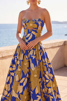 Laden Sie das Bild in den Galerie-Viewer, Blau-gelb-blumenbedrucktes A-Linien-Rucehd-trägerloses, langes Festkleid