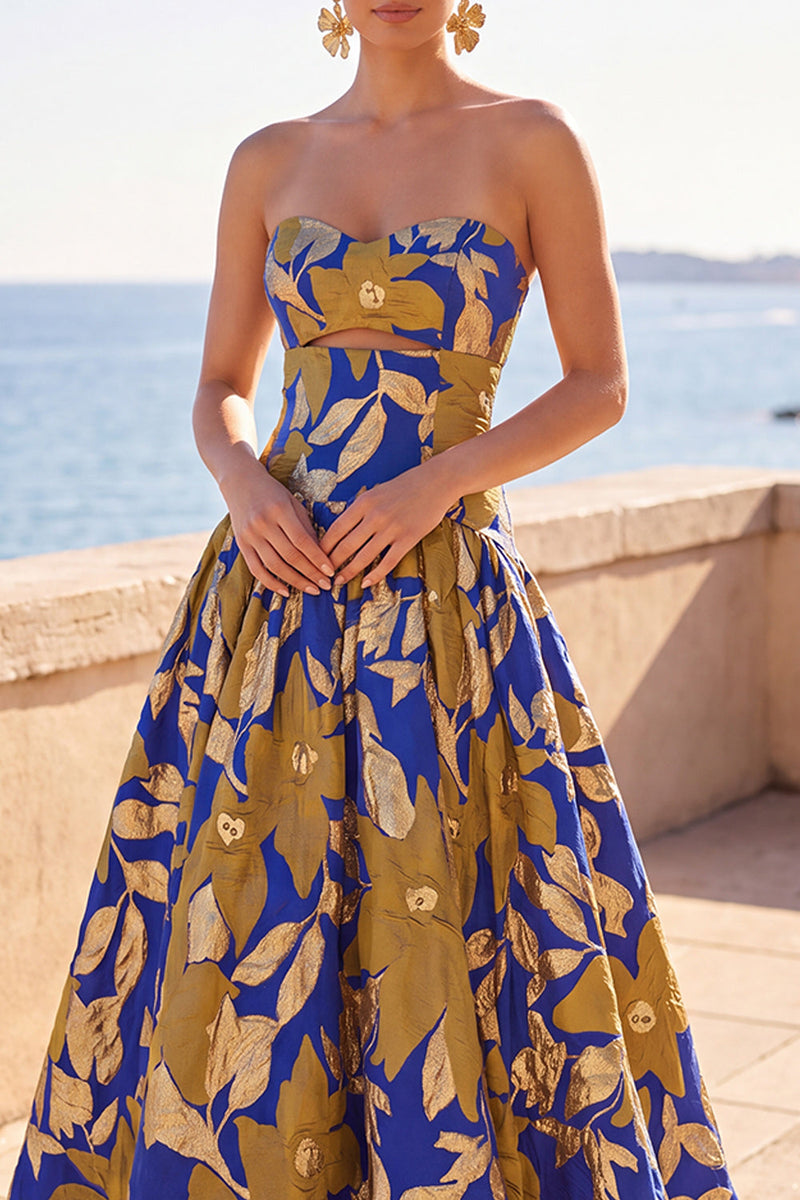 Laden Sie das Bild in den Galerie-Viewer, Blau-gelb-blumenbedrucktes A-Linien-Rucehd-trägerloses, langes Festkleid