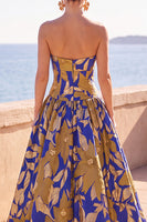 Laden Sie das Bild in den Galerie-Viewer, Blau-gelb-blumenbedrucktes A-Linien-Rucehd-trägerloses, langes Festkleid