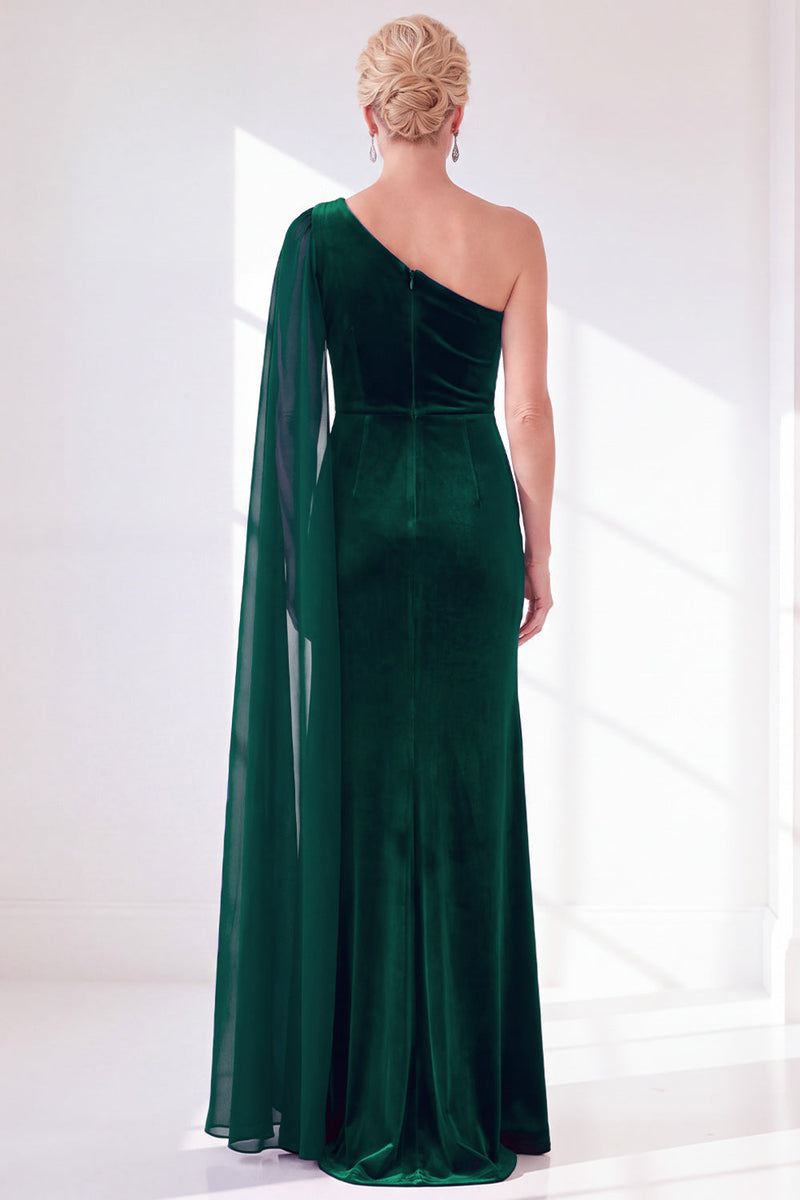 Laden Sie das Bild in den Galerie-Viewer, Burgunder Einschulter Scheiden Gerafftes Mutter der Braut Kleid mit Seitenumhang