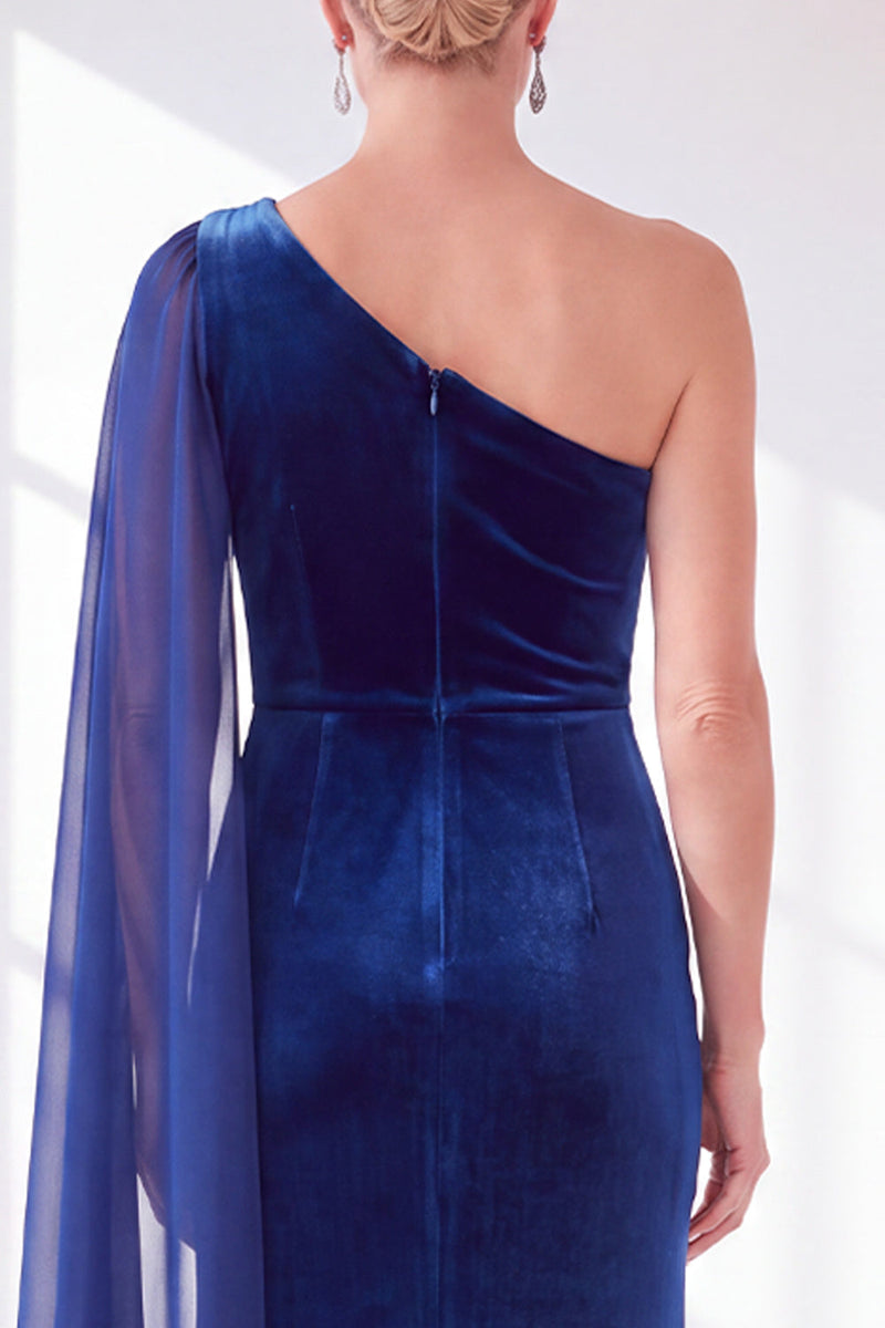 Laden Sie das Bild in den Galerie-Viewer, Burgunder Einschulter Scheiden Gerafftes Mutter der Braut Kleid mit Seitenumhang