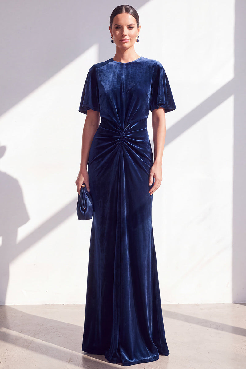 Laden Sie das Bild in den Galerie-Viewer, Dunkelblaue Scheide Gerafftes Samt Mutter der Braut Kleid