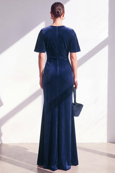 Dunkelblaue Scheide Gerafftes Samt Mutter der Braut Kleid