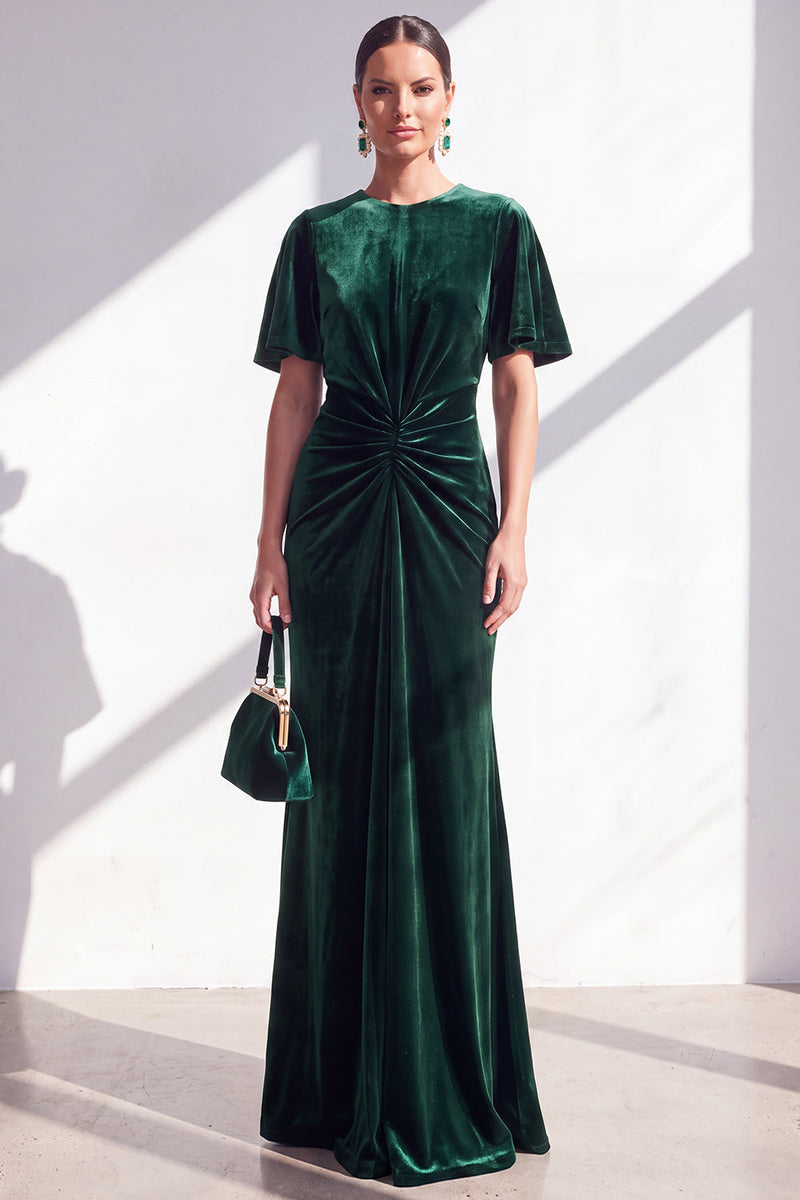 Laden Sie das Bild in den Galerie-Viewer, Dunkelblaue Scheide Gerafftes Samt Mutter der Braut Kleid