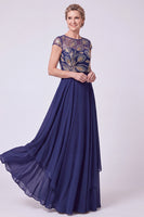 Laden Sie das Bild in den Galerie-Viewer, Marineblaues A-Linie Illusionskleid Perlen Langes Mutter der Braut Kleid