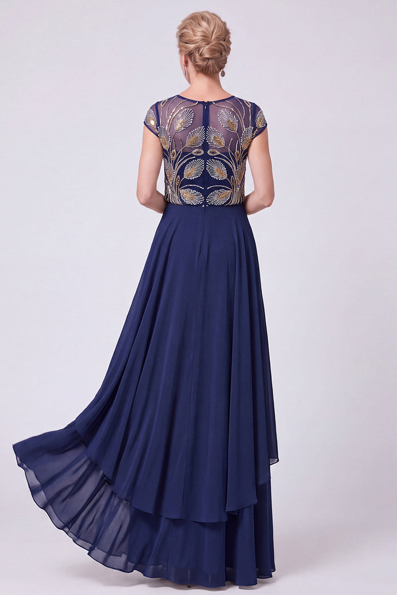 Laden Sie das Bild in den Galerie-Viewer, Marineblaues A-Linie Illusionskleid Perlen Langes Mutter der Braut Kleid