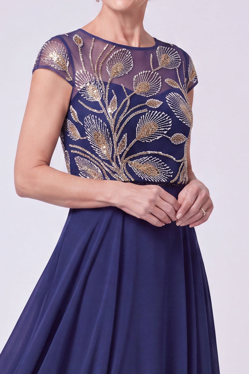Laden Sie das Bild in den Galerie-Viewer, Marineblaues A-Linie Illusionskleid Perlen Langes Mutter der Braut Kleid
