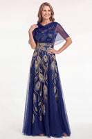Laden Sie das Bild in den Galerie-Viewer, Marineblaues Perlen Umhang A-Linie Langes Mutter der Braut Kleid