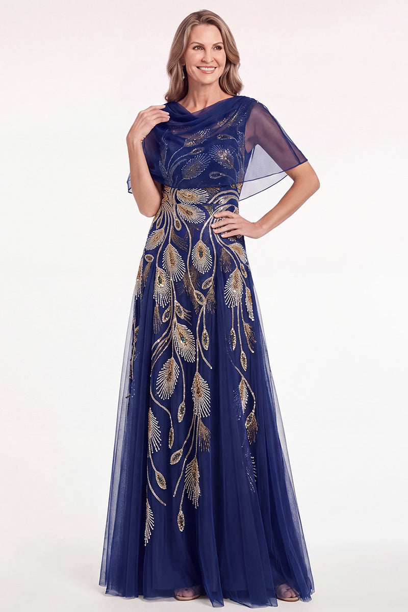 Laden Sie das Bild in den Galerie-Viewer, Marineblaues Perlen Umhang A-Linie Langes Mutter der Braut Kleid